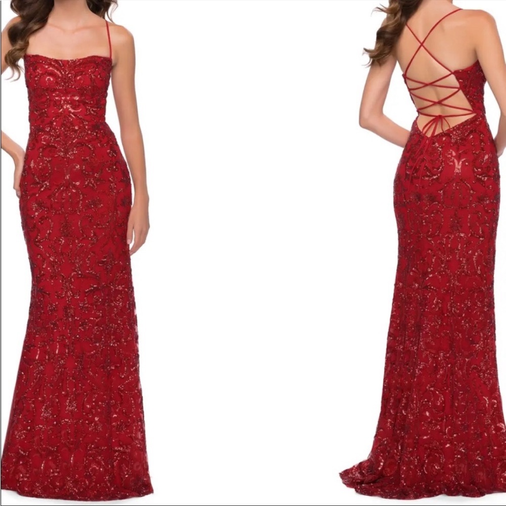 La Femme red sequin maxi gown prom dress